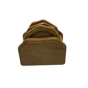 Vtg Kamenstein Honey Pine 7 Piece Wooden Coaster Set‎ Cork Surface Holder